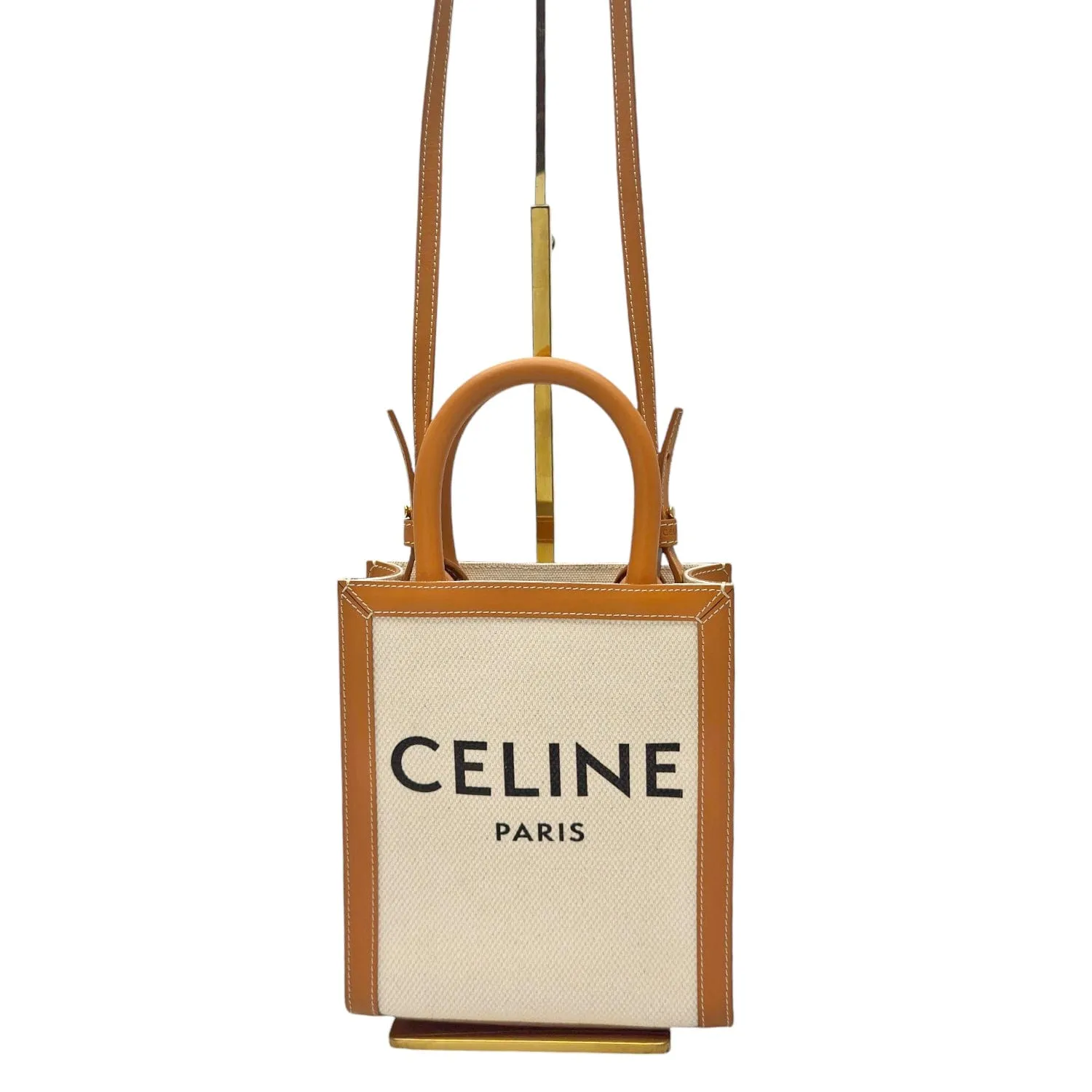 CELINE Mini Vertical Cabas Canvas & Leather Tote/Crossbody - Camel & Cream