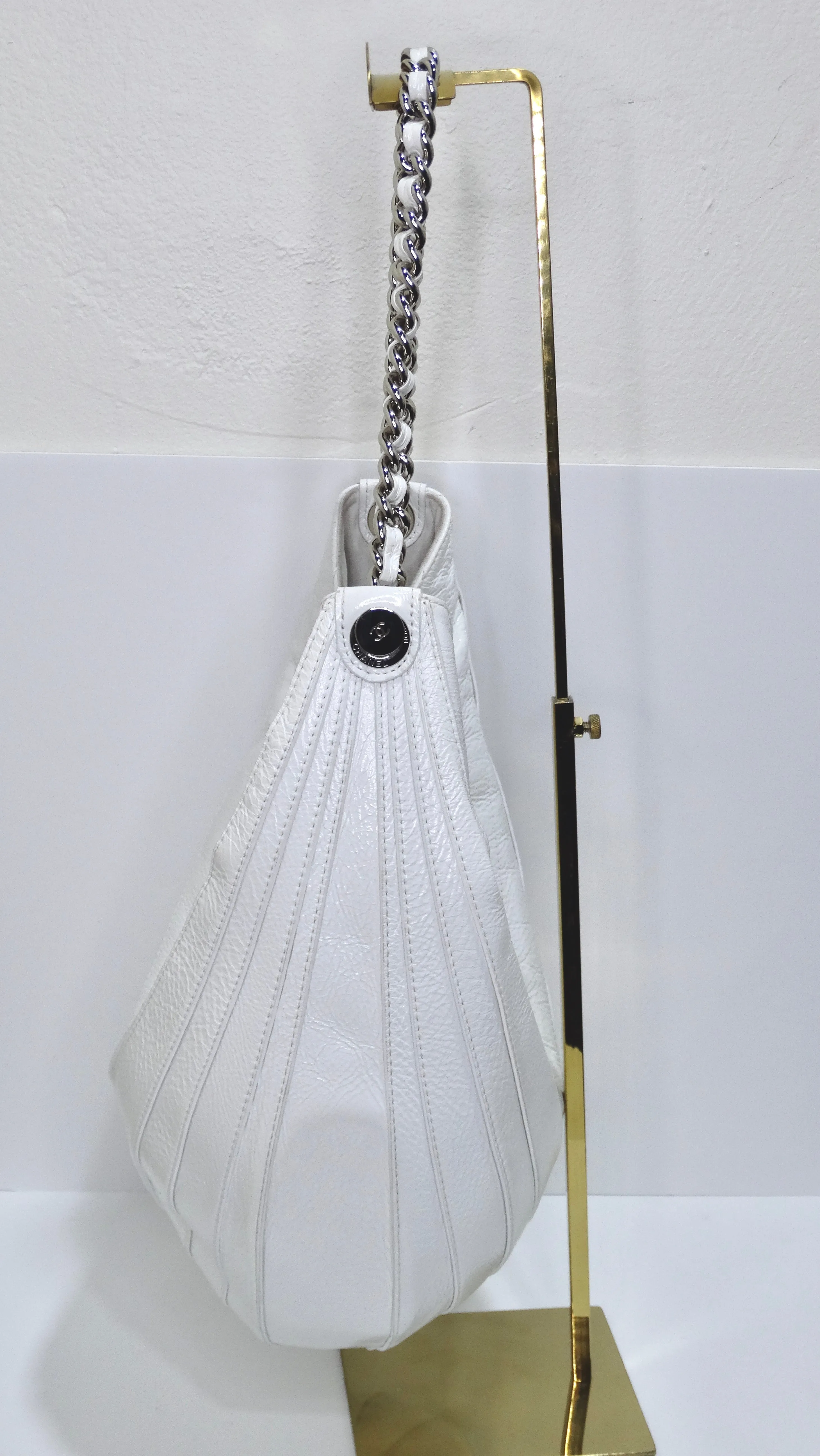 Chanel Crumpled White Patent Droplet Hobo Shoulder Bag