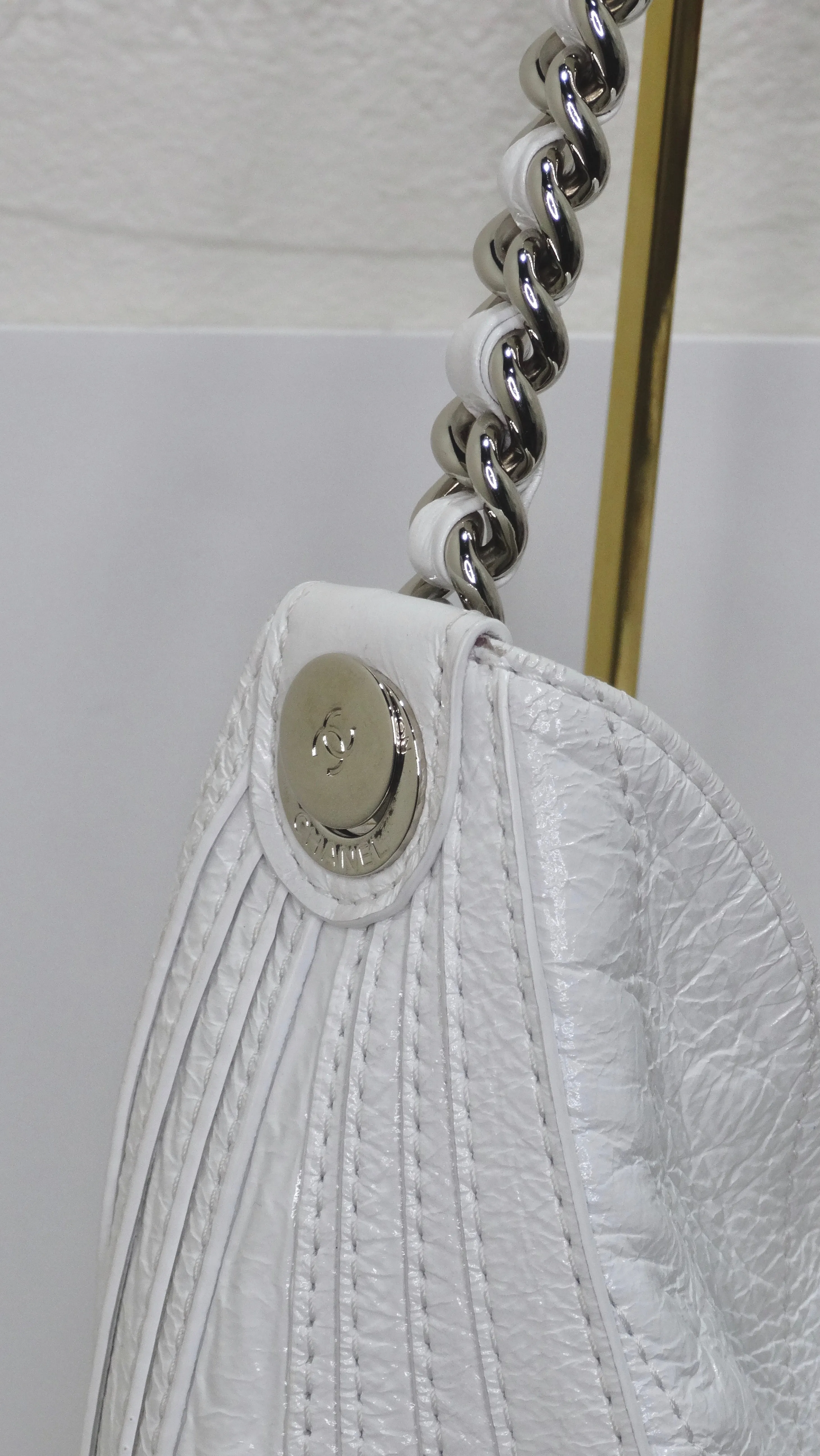Chanel Crumpled White Patent Droplet Hobo Shoulder Bag