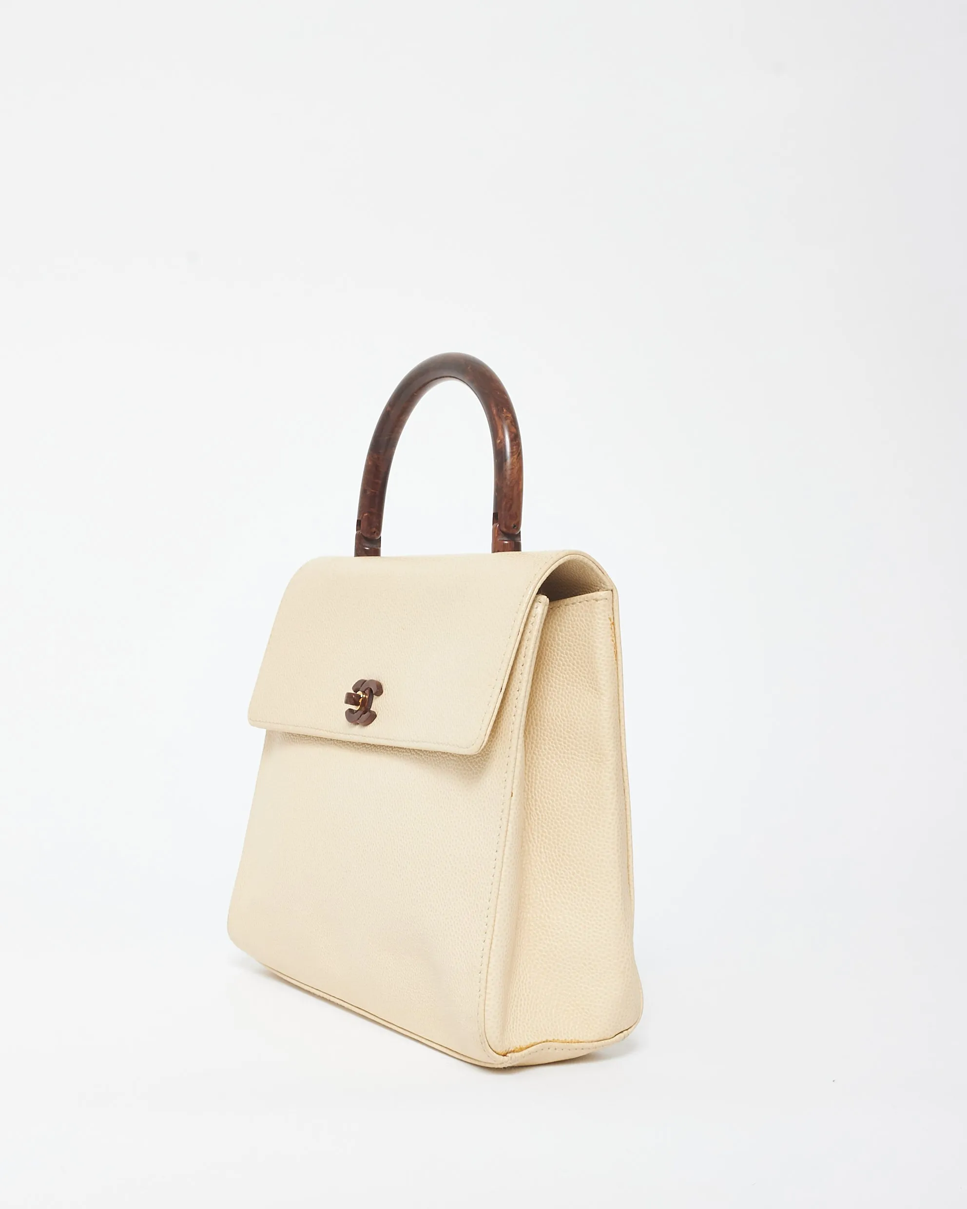 Chanel Vintage Cream Caviar Leather & Wood Kelly Bag