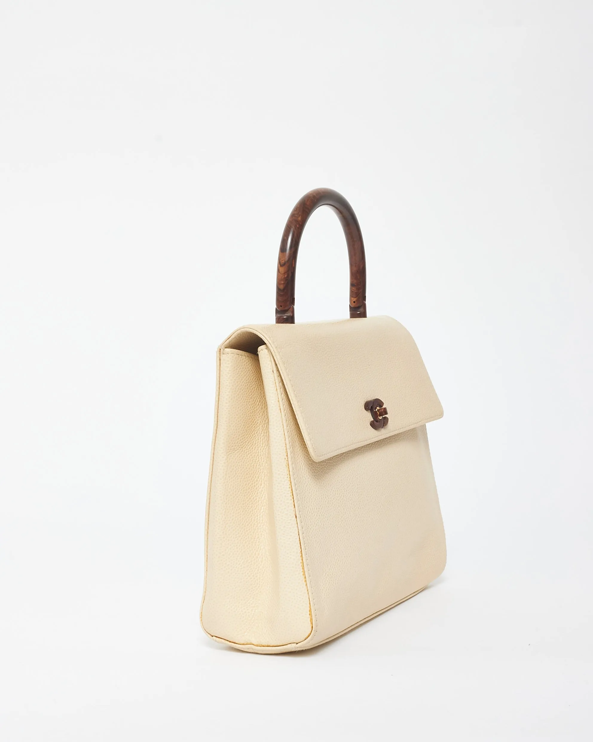 Chanel Vintage Cream Caviar Leather & Wood Kelly Bag