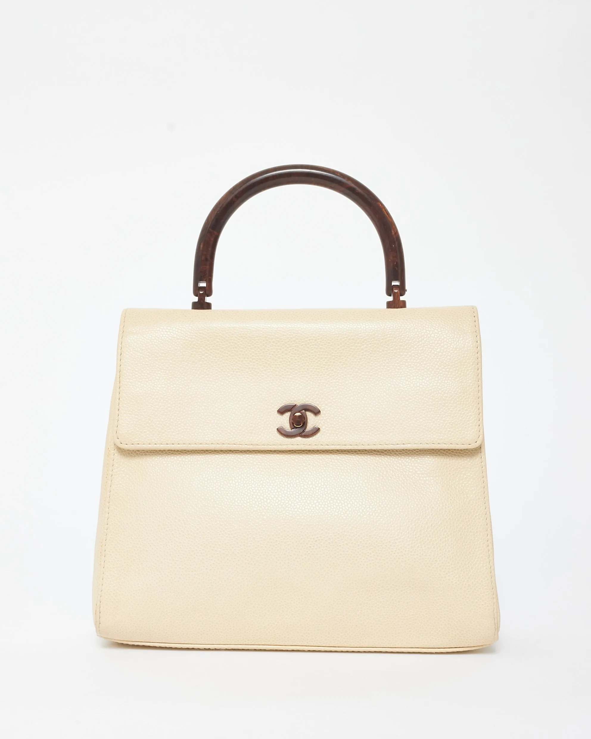 Chanel Vintage Cream Caviar Leather & Wood Kelly Bag