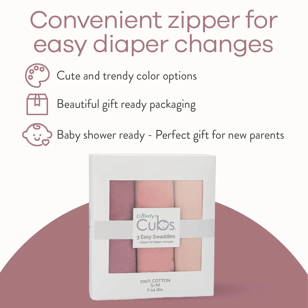Comfy Cubs Easy Swaddle Blankets with Zipper - Light Blush, Blush, Mauve (Pack of 3)