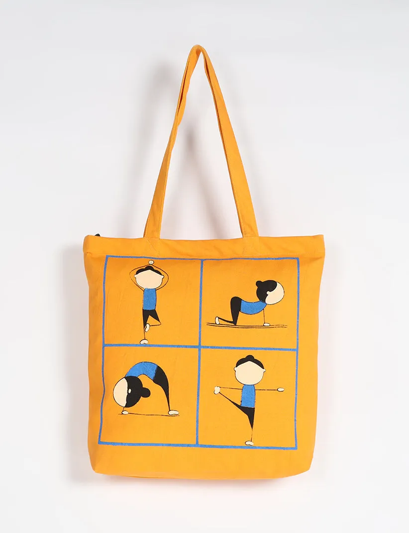 Cute Yoga Pose Printed Solid Tote Bag - Yellow