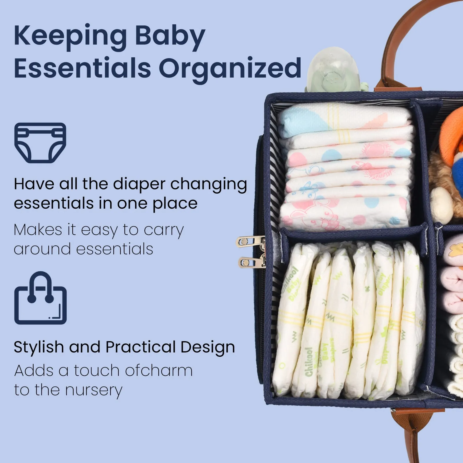 Diaper Caddy Extra Large Size with Lid | Blue with Brown Handles | Portable Diaper Organizer Bag
