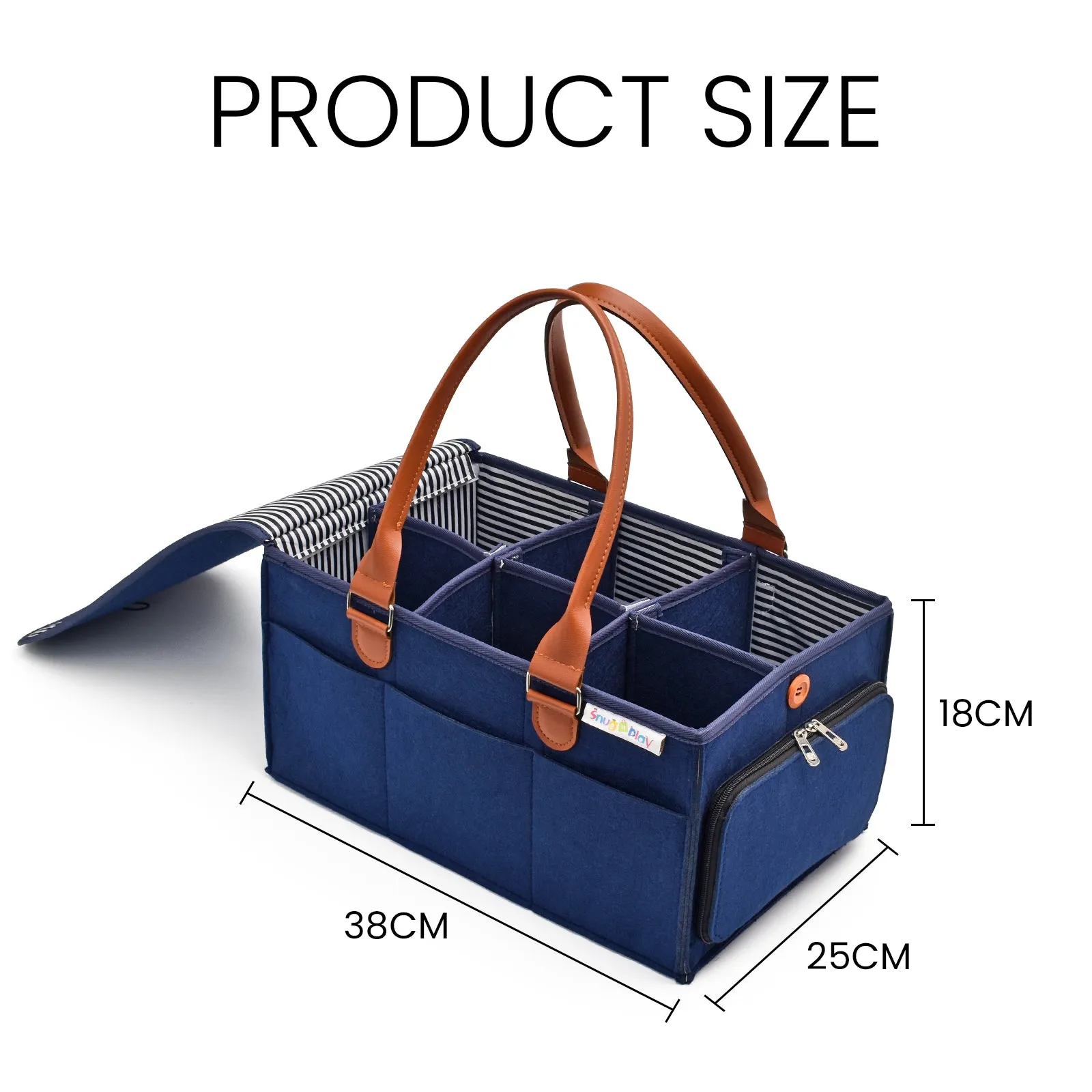Diaper Caddy Extra Large Size with Lid | Blue with Brown Handles | Portable Diaper Organizer Bag