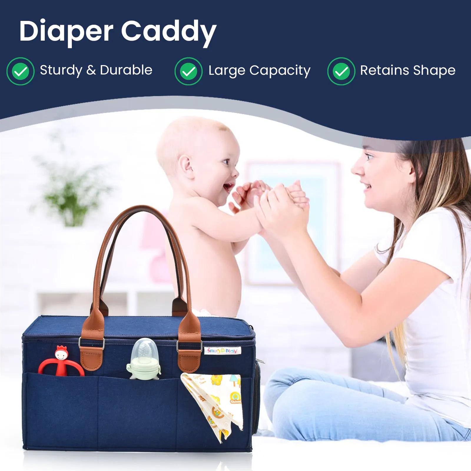 Diaper Caddy Extra Large Size with Lid | Blue with Brown Handles | Portable Diaper Organizer Bag