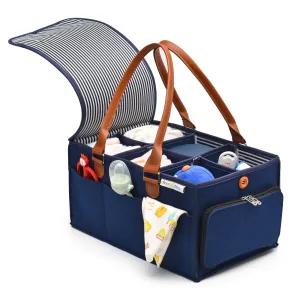 Diaper Caddy Extra Large Size with Lid | Blue with Brown Handles | Portable Diaper Organizer Bag