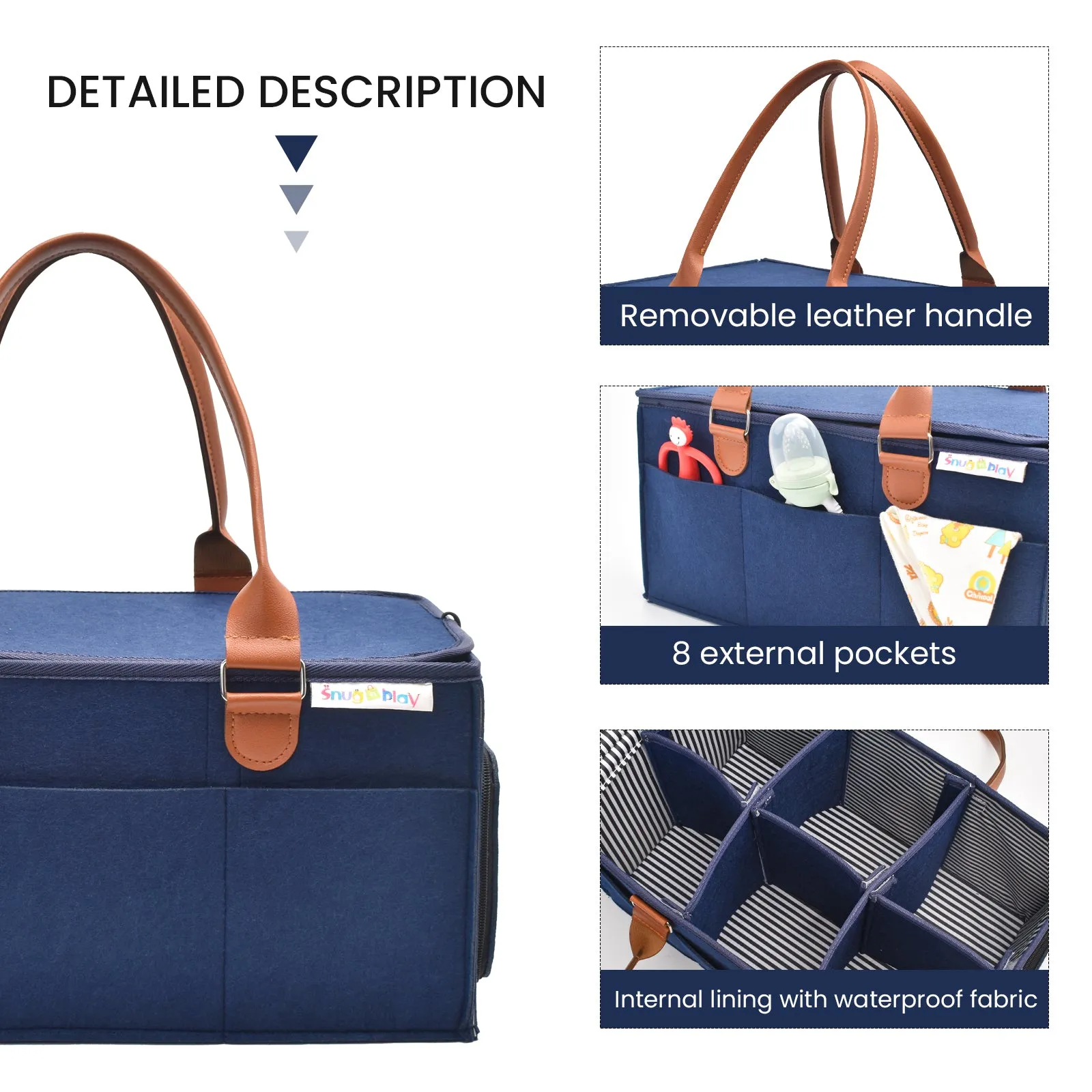 Diaper Caddy Extra Large Size with Lid | Blue with Brown Handles | Portable Diaper Organizer Bag