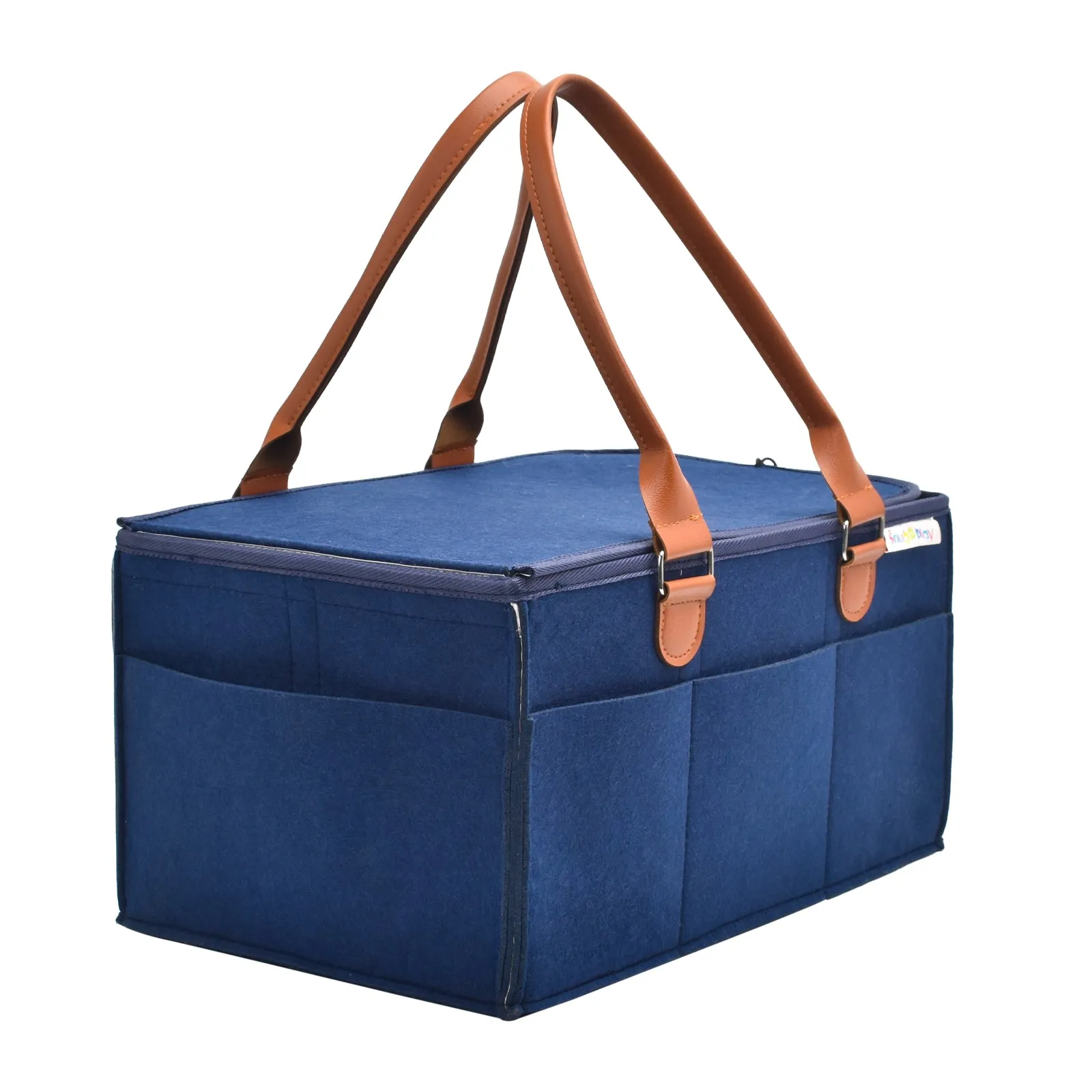 Diaper Caddy Extra Large Size with Lid | Blue with Brown Handles | Portable Diaper Organizer Bag