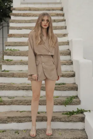 DISCOUNTED! GAIA SET Structured Crop Blazer and Skirt Set (Brown Linen)