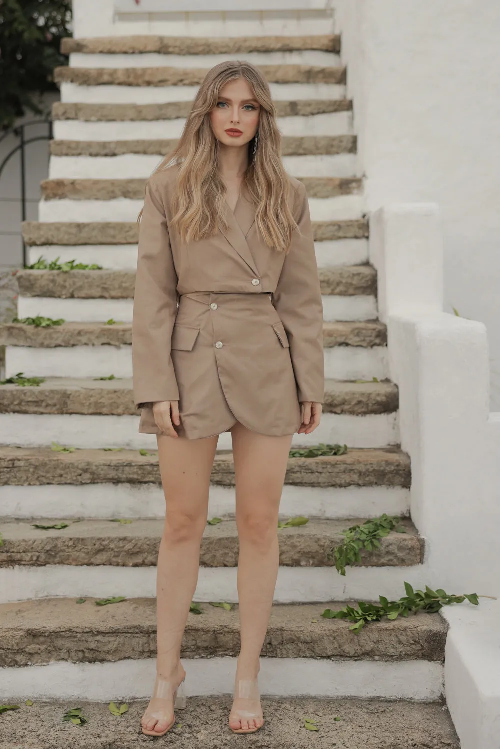 DISCOUNTED! GAIA SET Structured Crop Blazer and Skirt Set (Brown Linen)