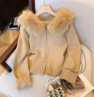 Double Zipper Fur Collar  Hooded Knit Cardigan