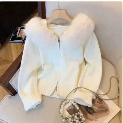 Double Zipper Fur Collar  Hooded Knit Cardigan