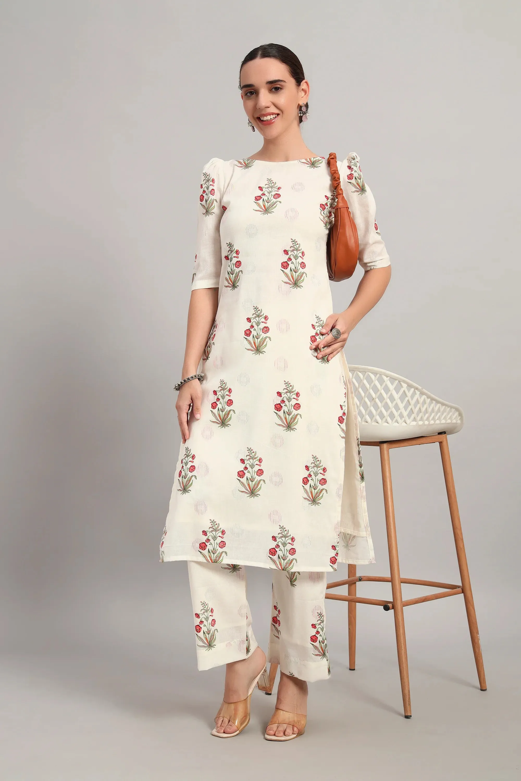 Dufftar Diaries Kurta Set, Floral Beige