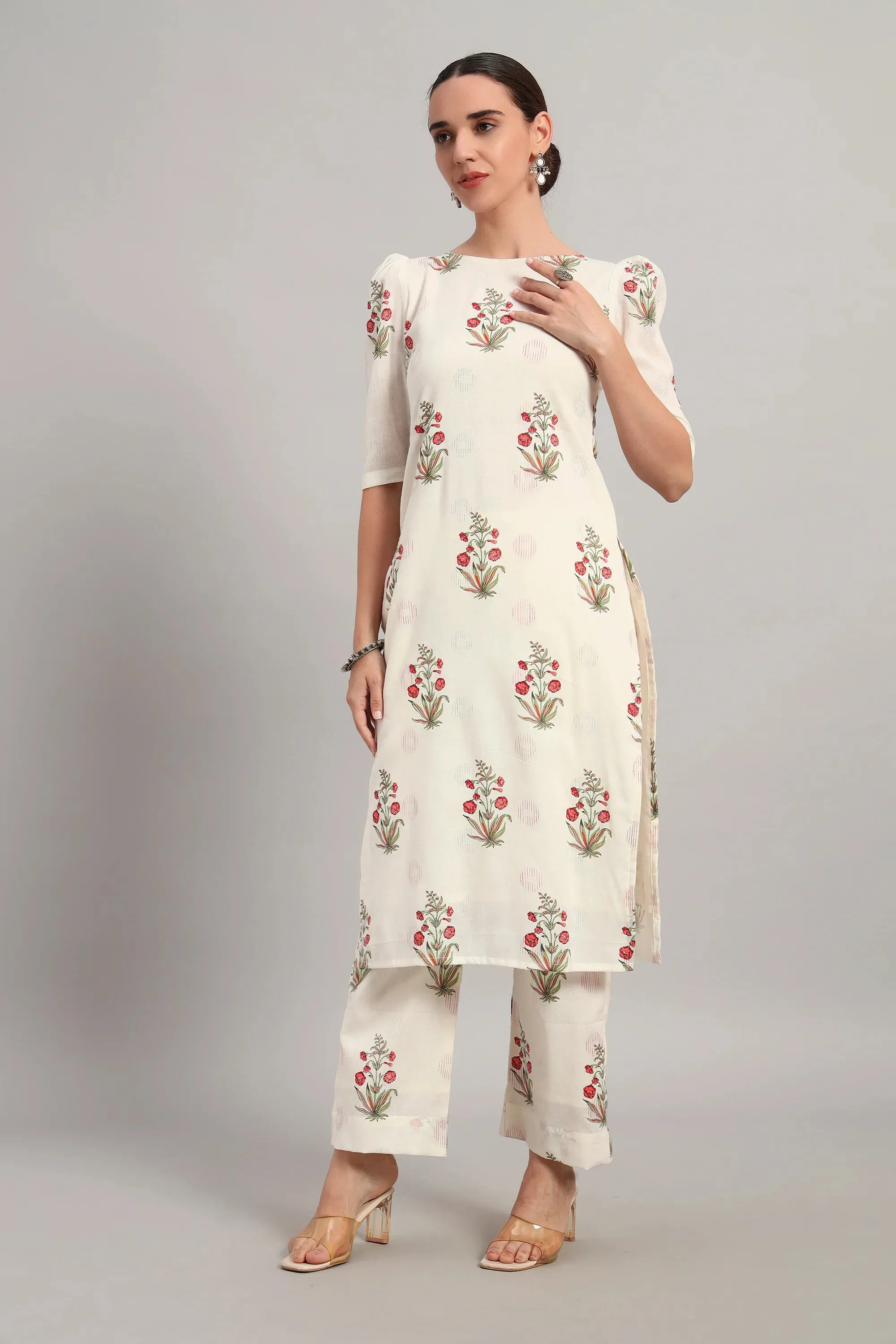 Dufftar Diaries Kurta Set, Floral Beige