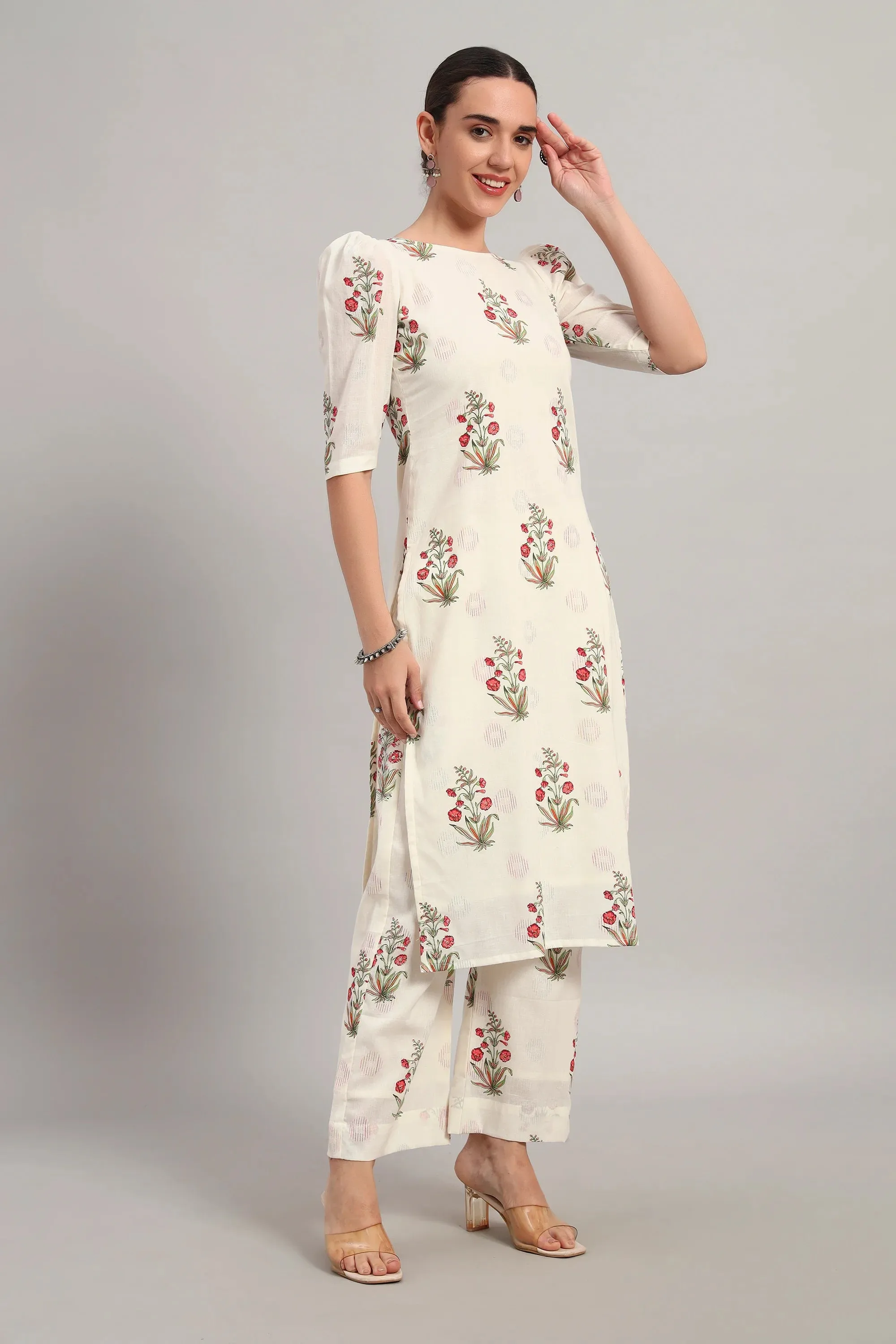 Dufftar Diaries Kurta Set, Floral Beige