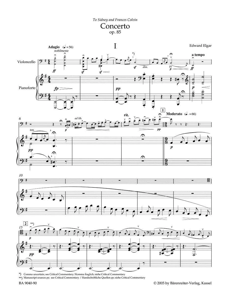 Elgar, Concerto in E Minor Op. 85 for Cello and Piano (Barenreiter)