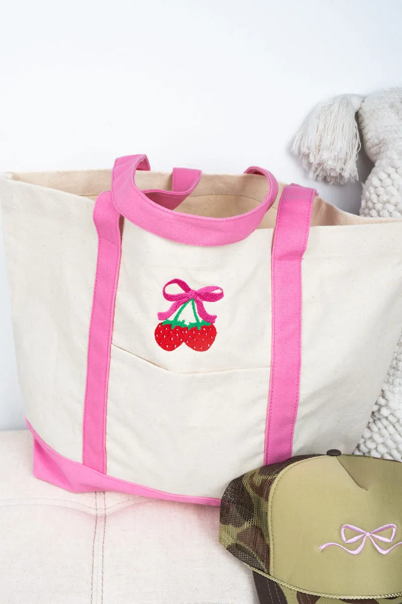 Embroidered Strawberry Cherry Canvas Boat Tote