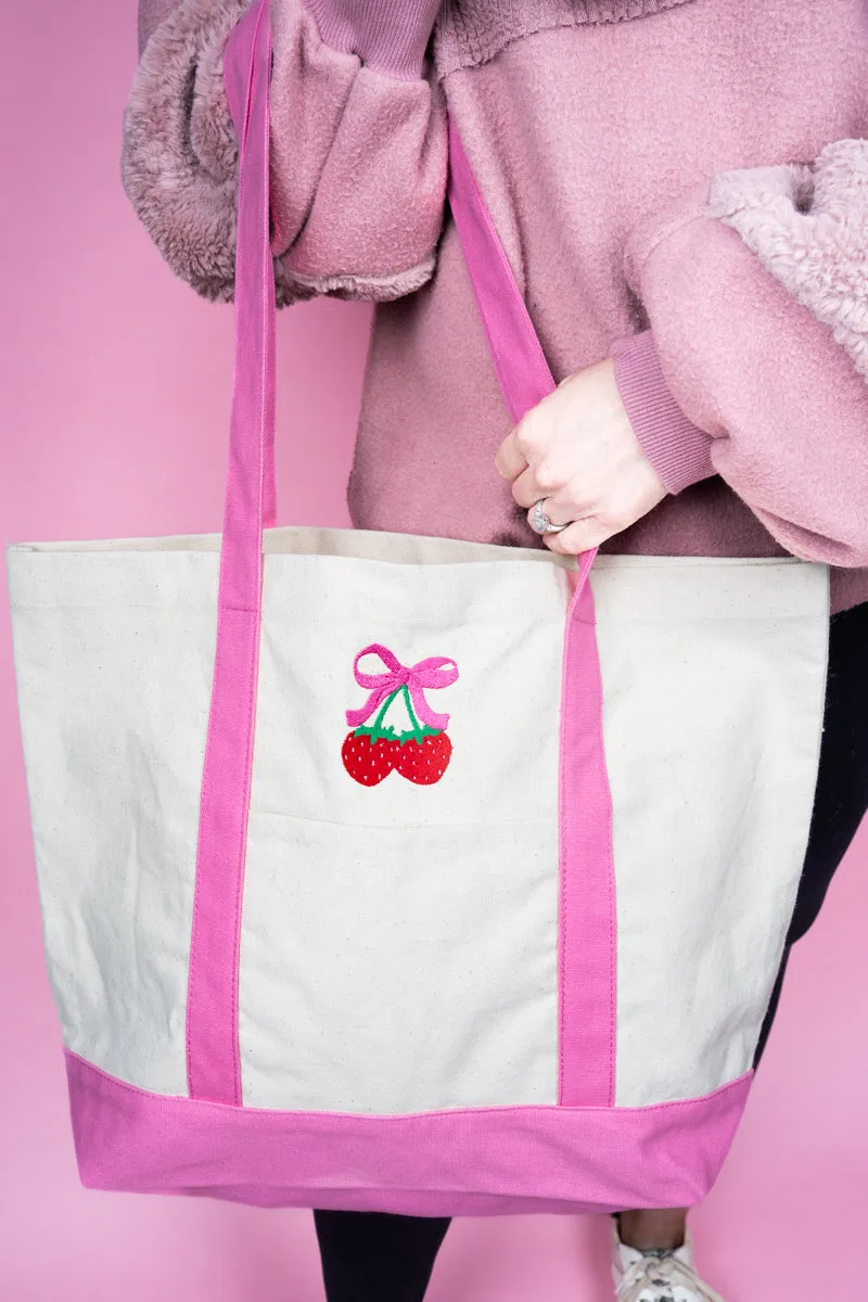 Embroidered Strawberry Cherry Canvas Boat Tote