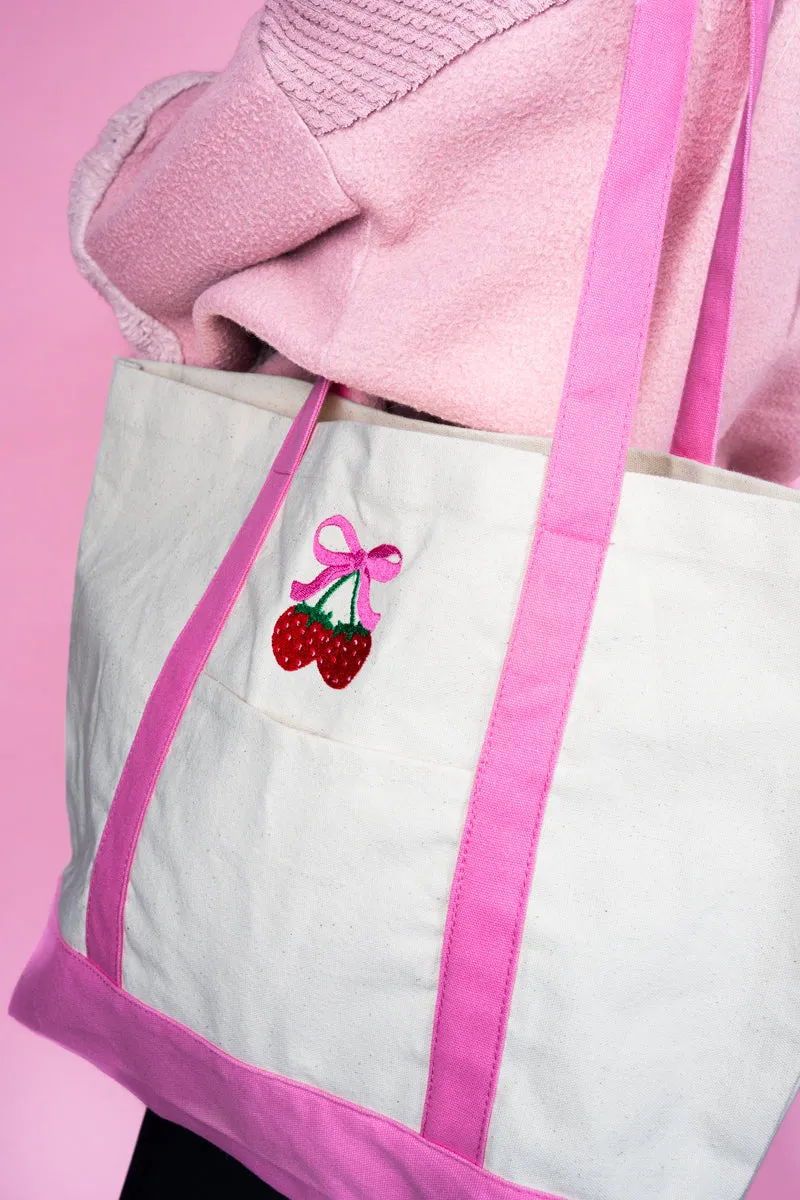 Embroidered Strawberry Cherry Canvas Boat Tote
