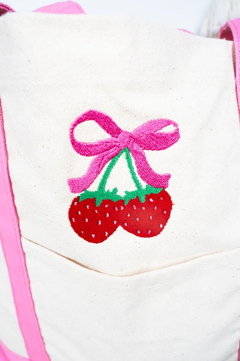 Embroidered Strawberry Cherry Canvas Boat Tote