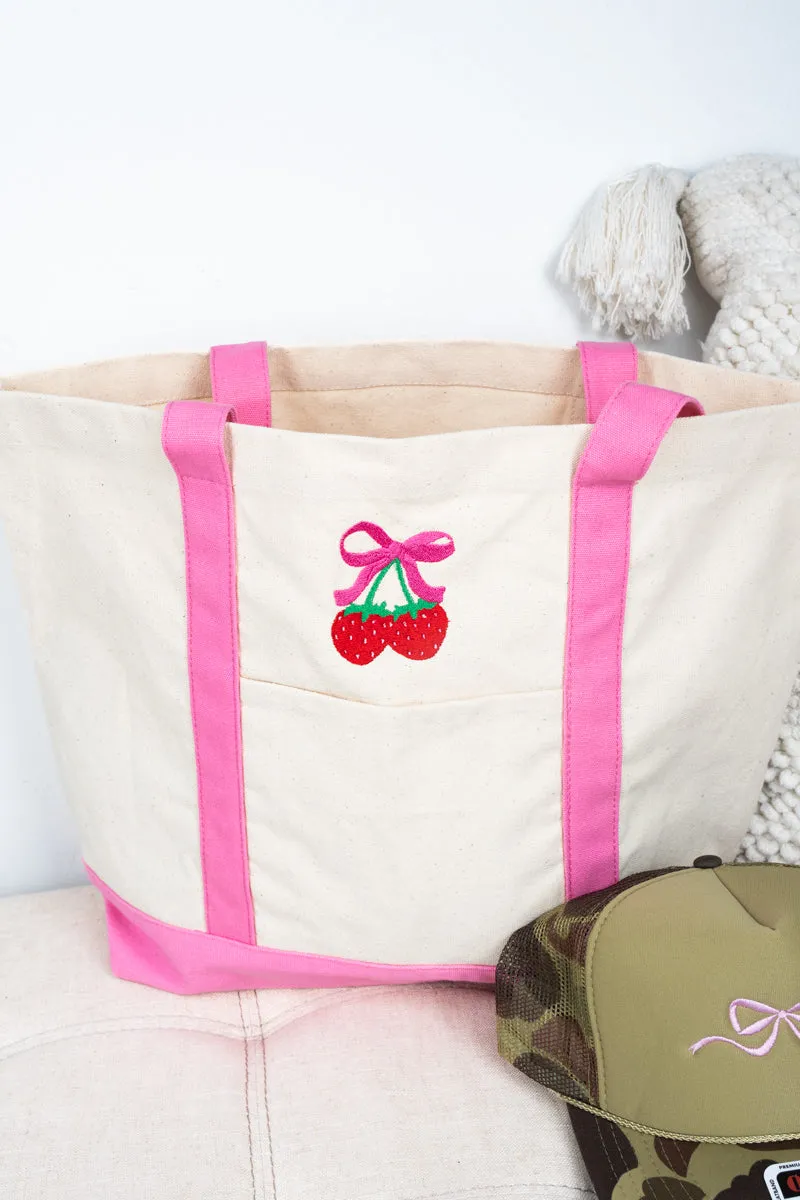 Embroidered Strawberry Cherry Canvas Boat Tote