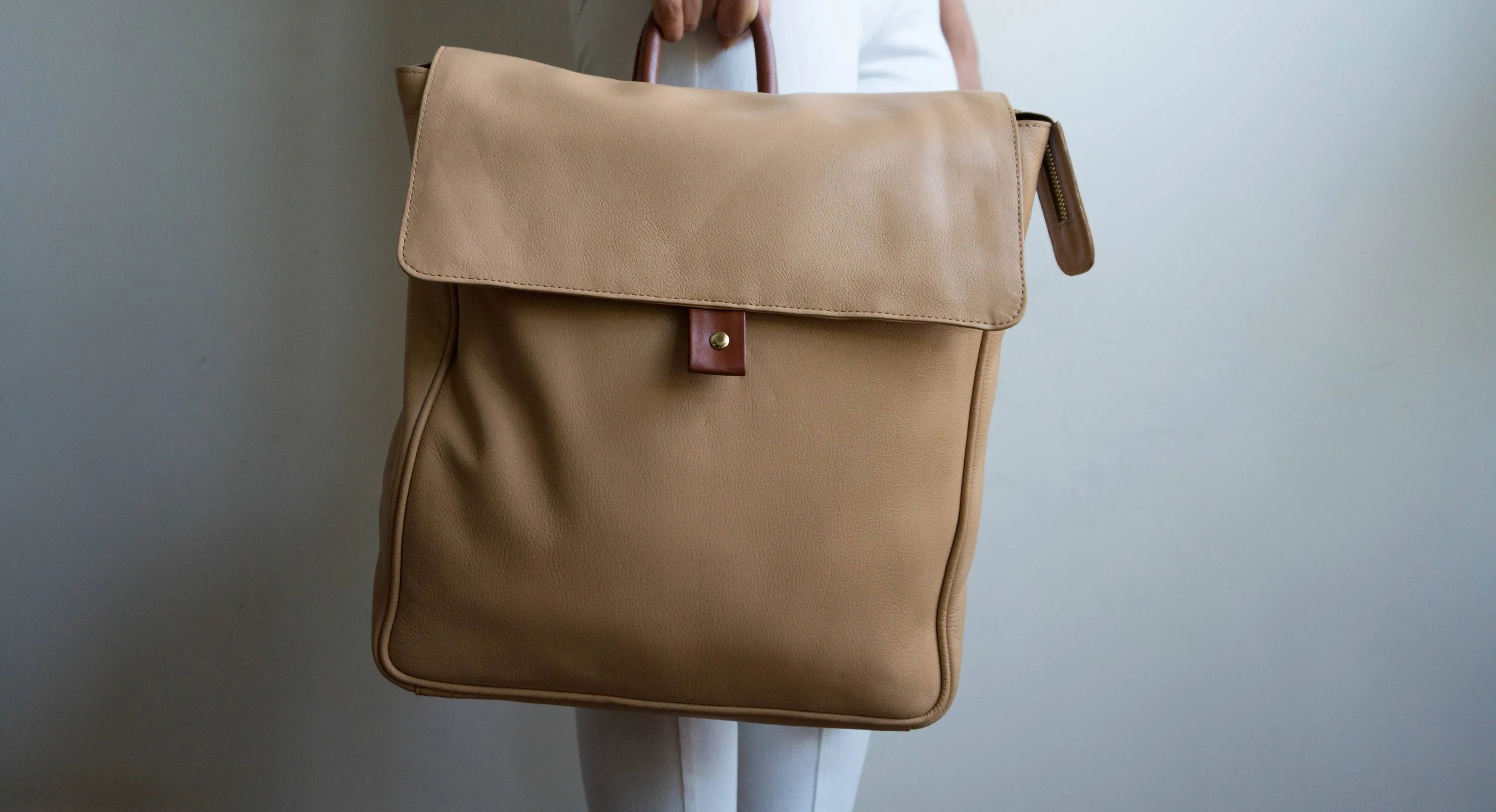 Flap Leather Backpack in Nude