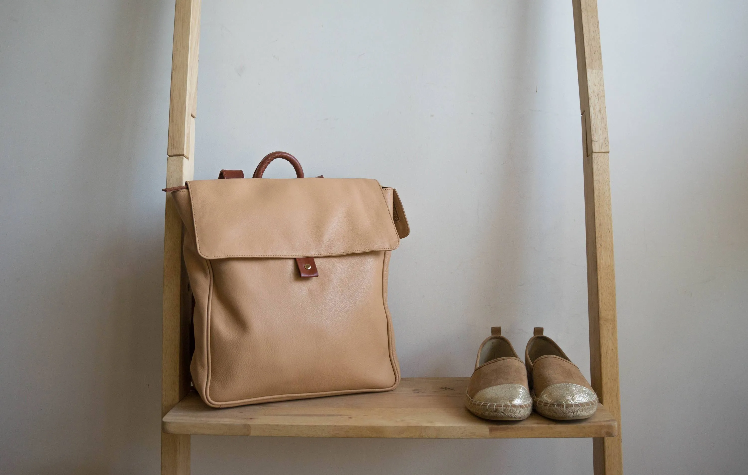 Flap Leather Backpack in Nude