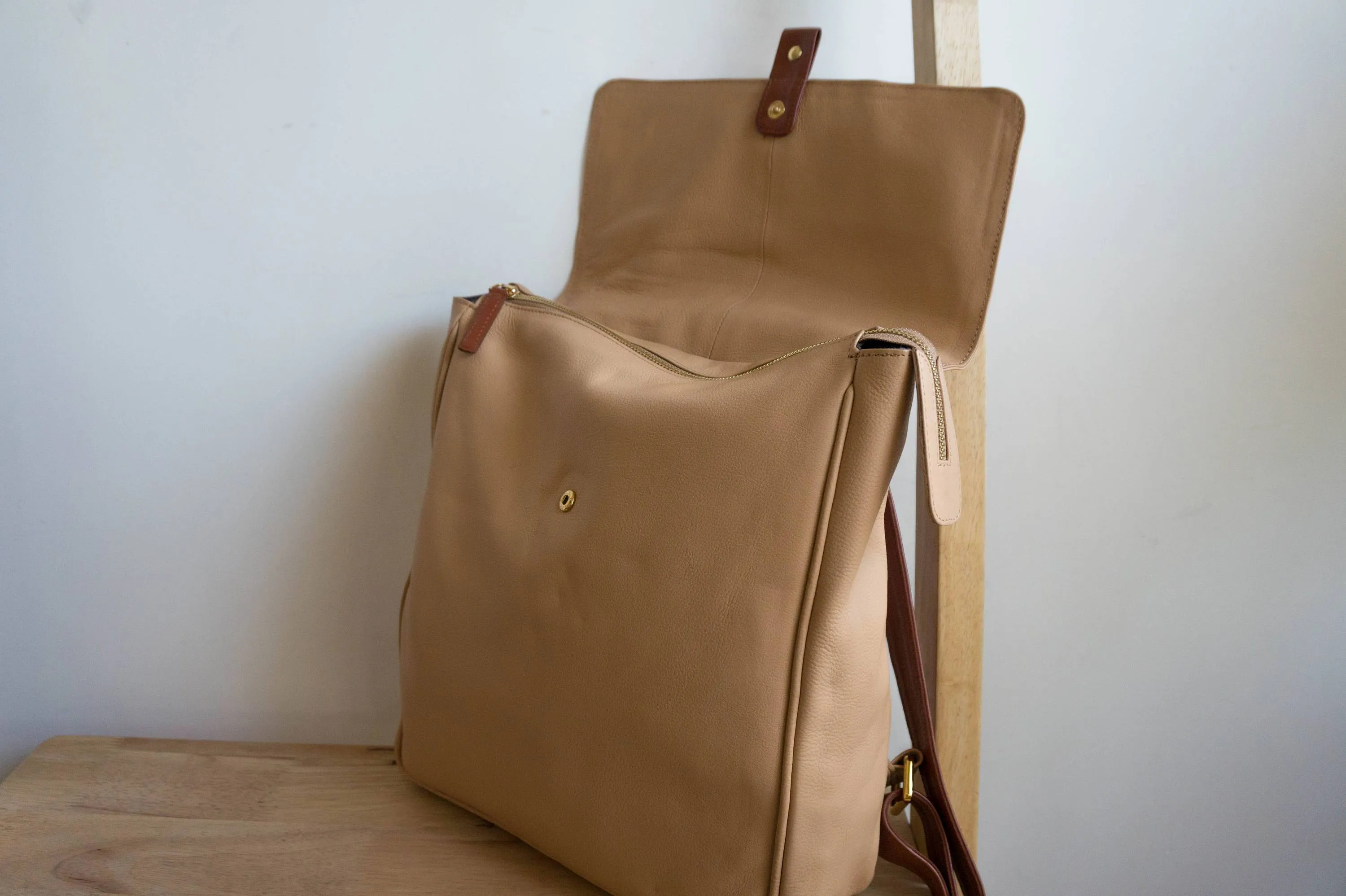 Flap Leather Backpack in Nude