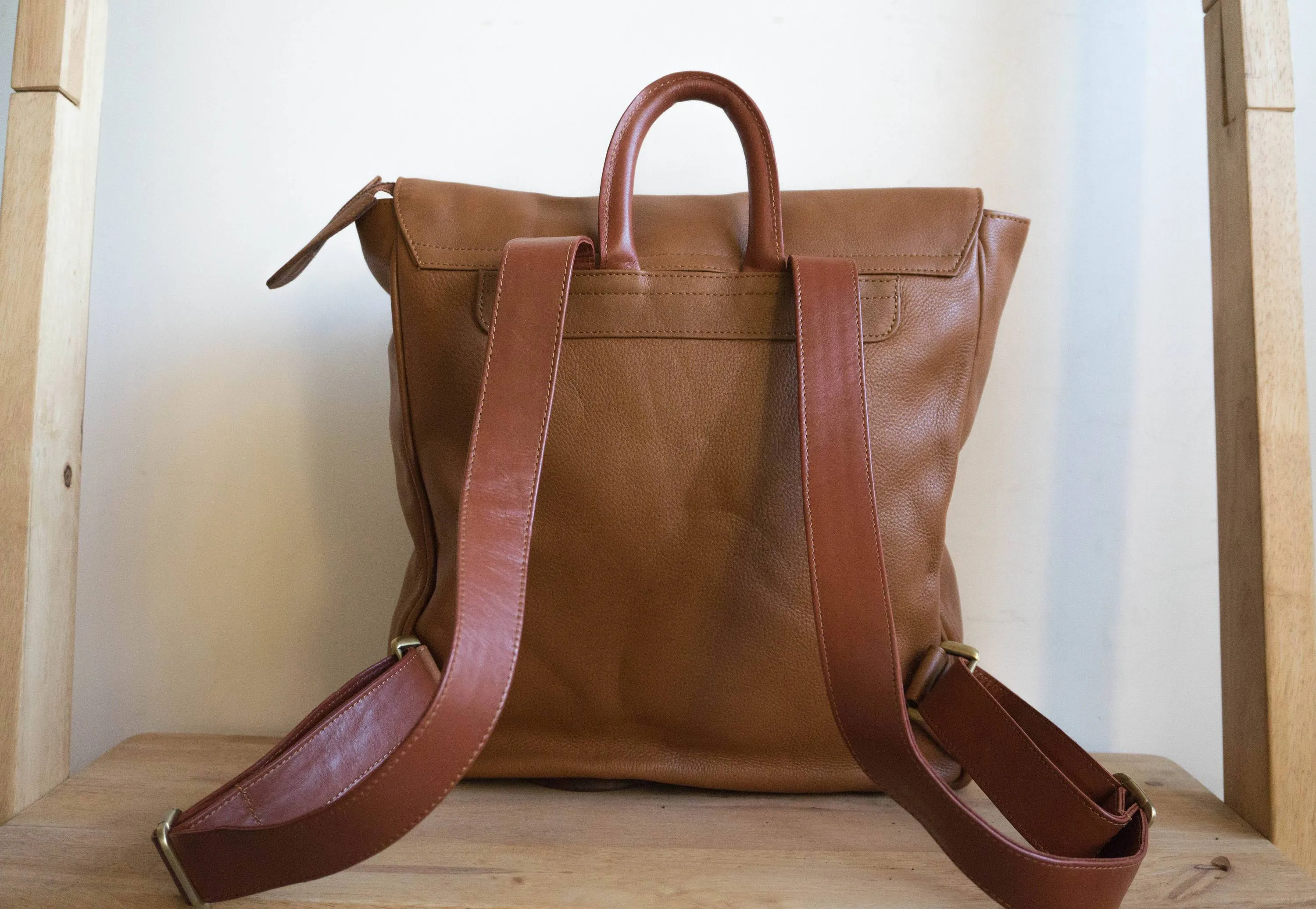 Flap Leather Backpack in Tan