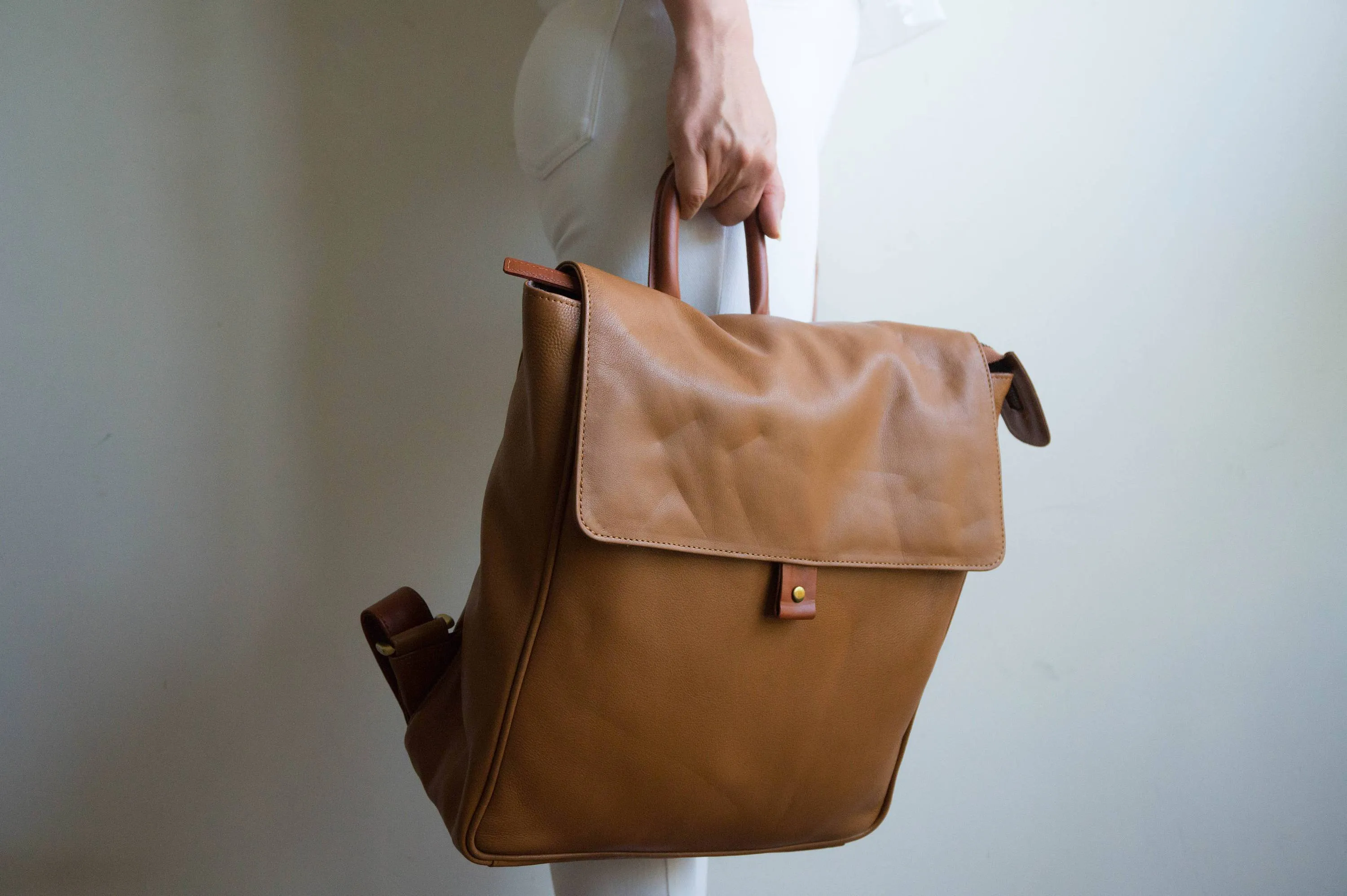 Flap Leather Backpack in Tan