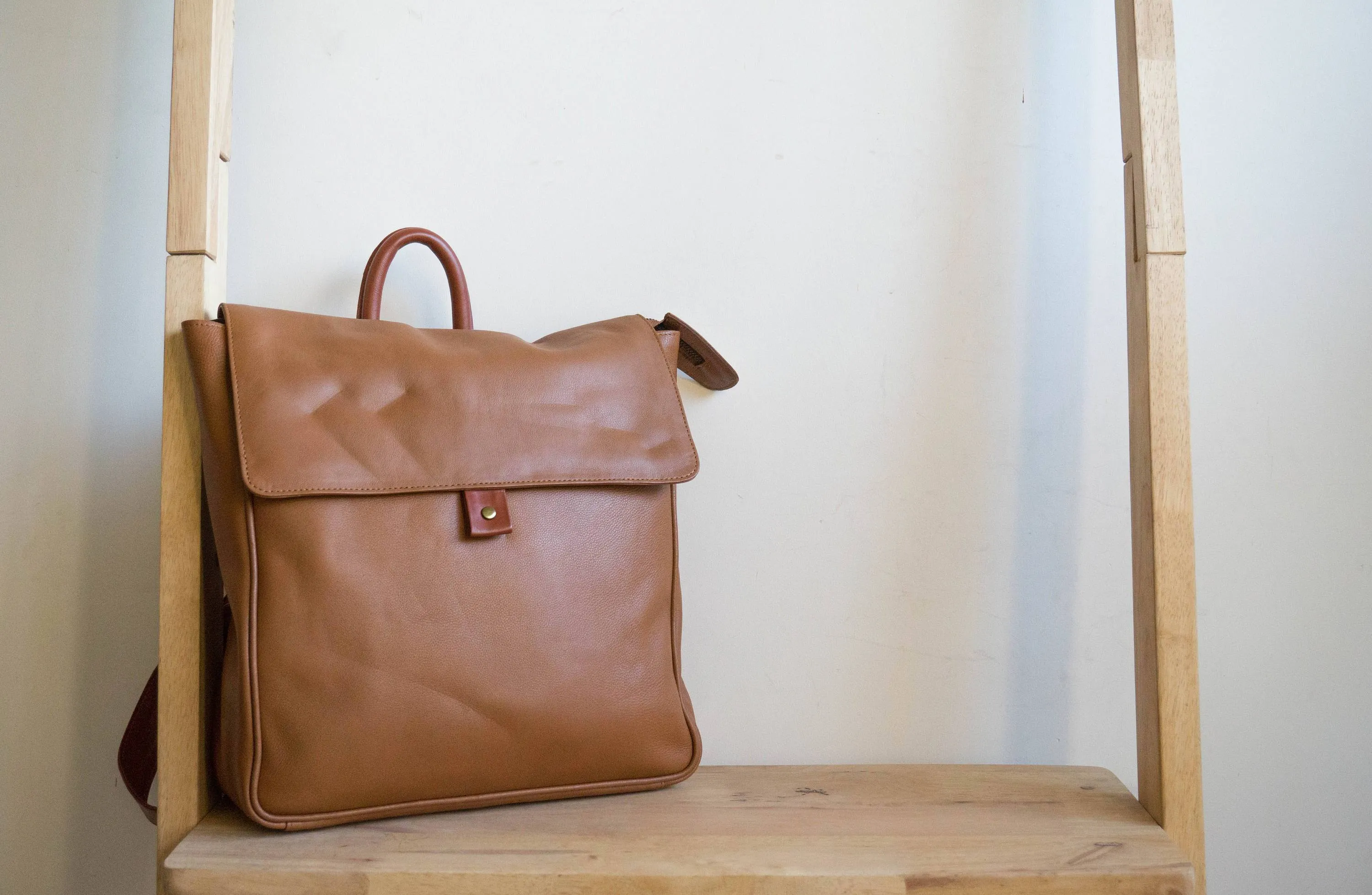 Flap Leather Backpack in Tan