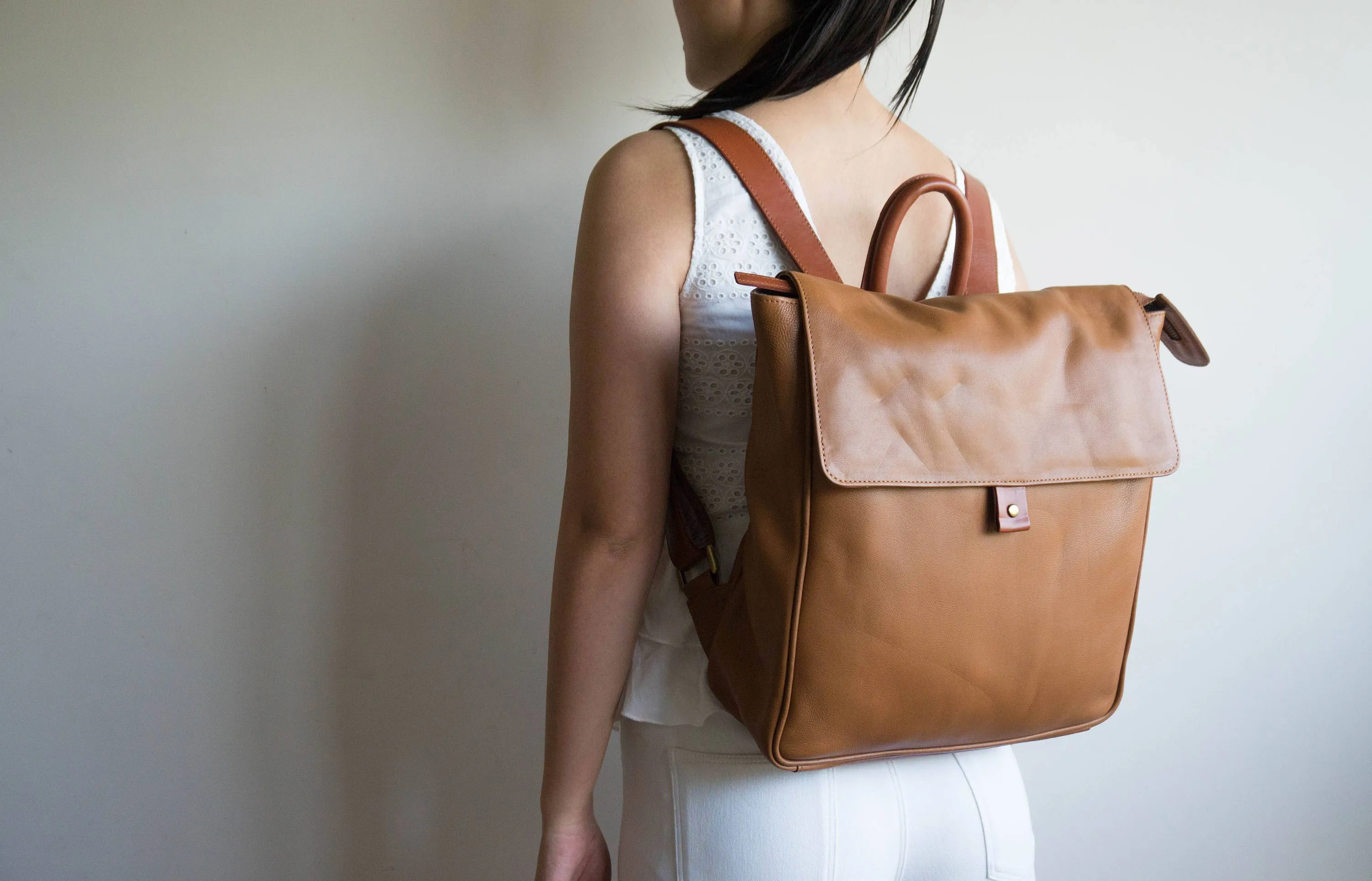 Flap Leather Backpack in Tan