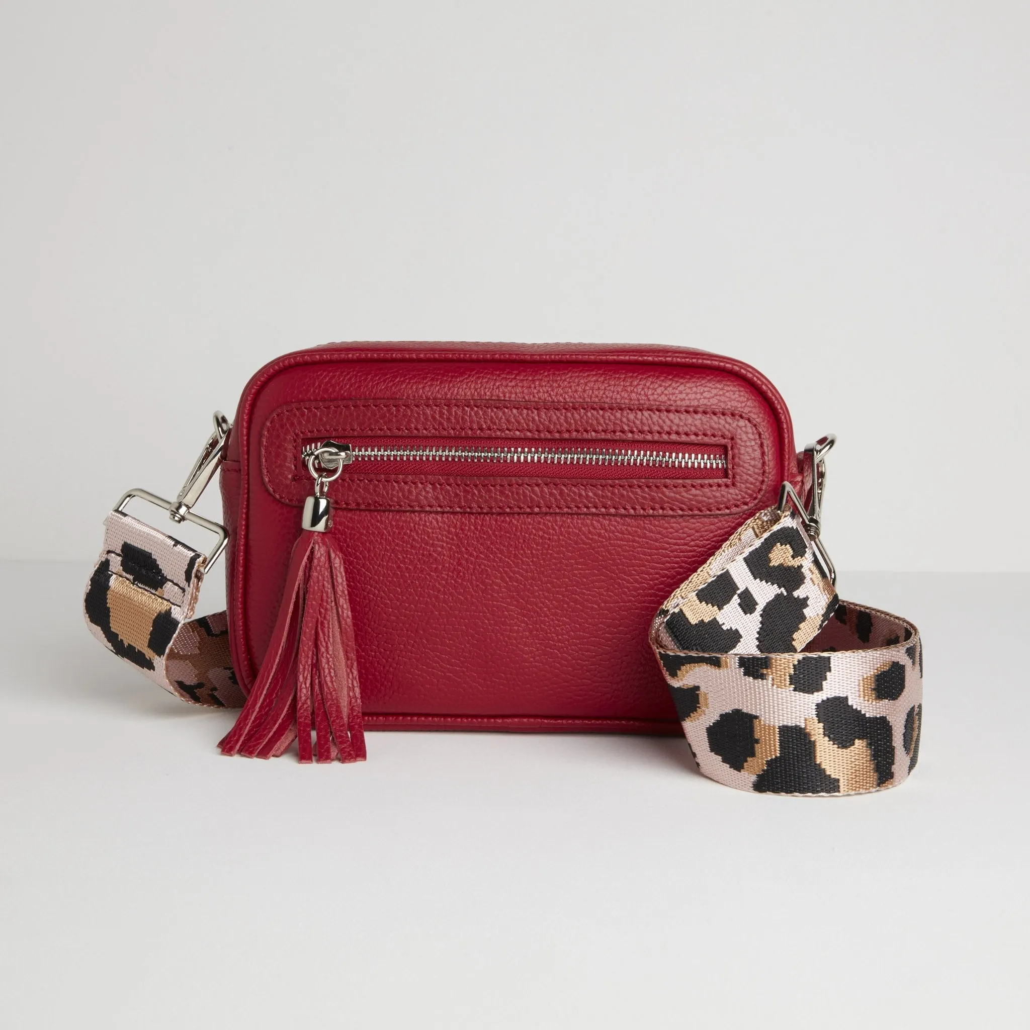 Florence Crossbody Bag in Red with Light Pink Leopard Strap