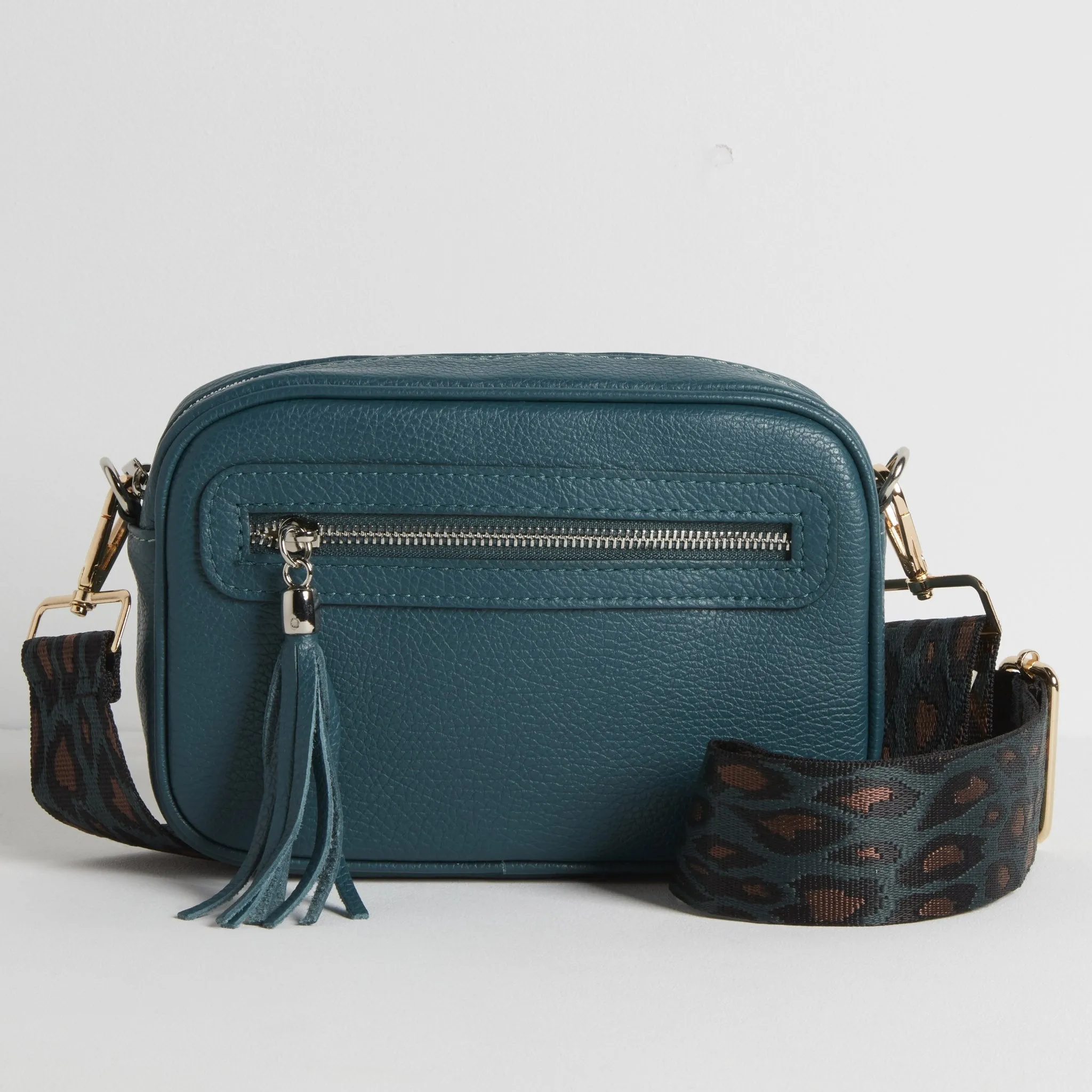Florence - Crossbody Bag in Teal with Teal and Brown Leopard Strap
