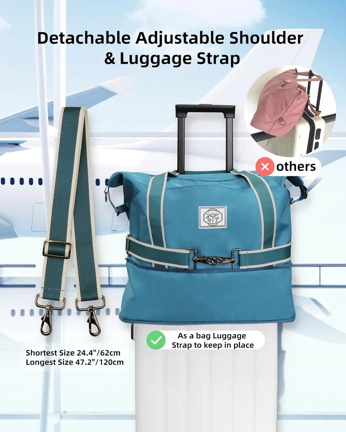 Foldable Weekend Travel Bag, Waterproof Gym Bag with Metal Buckle Strap