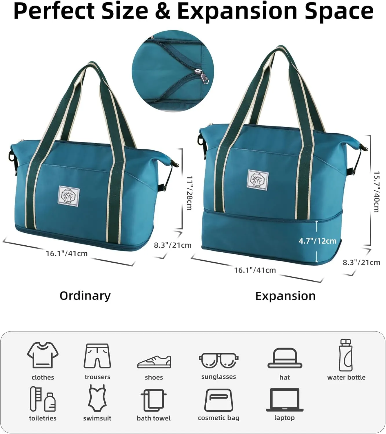 Foldable Weekend Travel Bag, Waterproof Gym Bag with Metal Buckle Strap