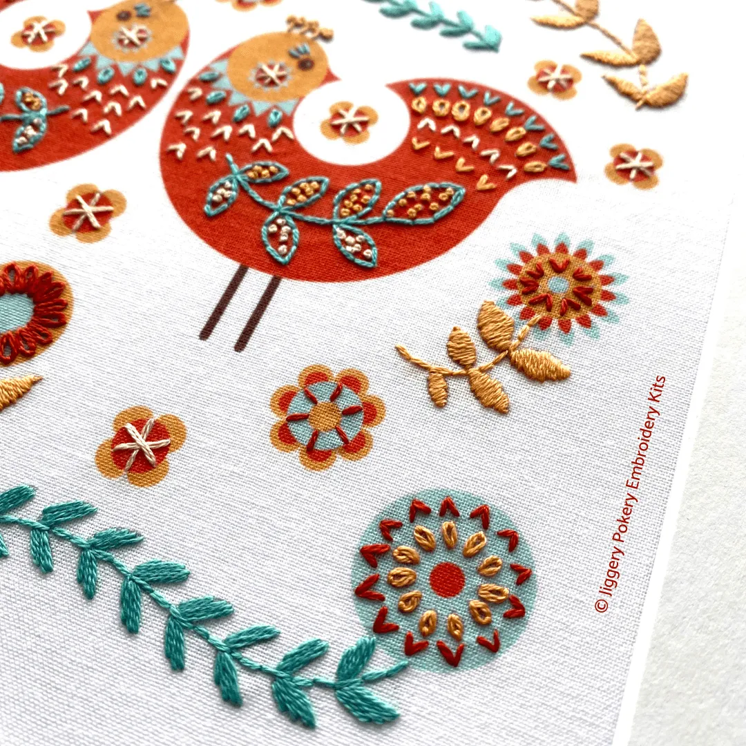 Folk art birds embroidery pattern