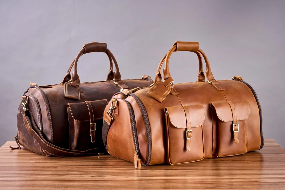 Full Grain Leather Suit Duffle Bag, Duffel Bag with Shoe Compartment