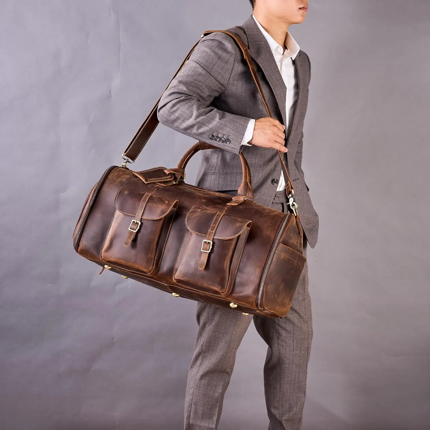 Full Grain Leather Suit Duffle Bag, Duffel Bag with Shoe Compartment
