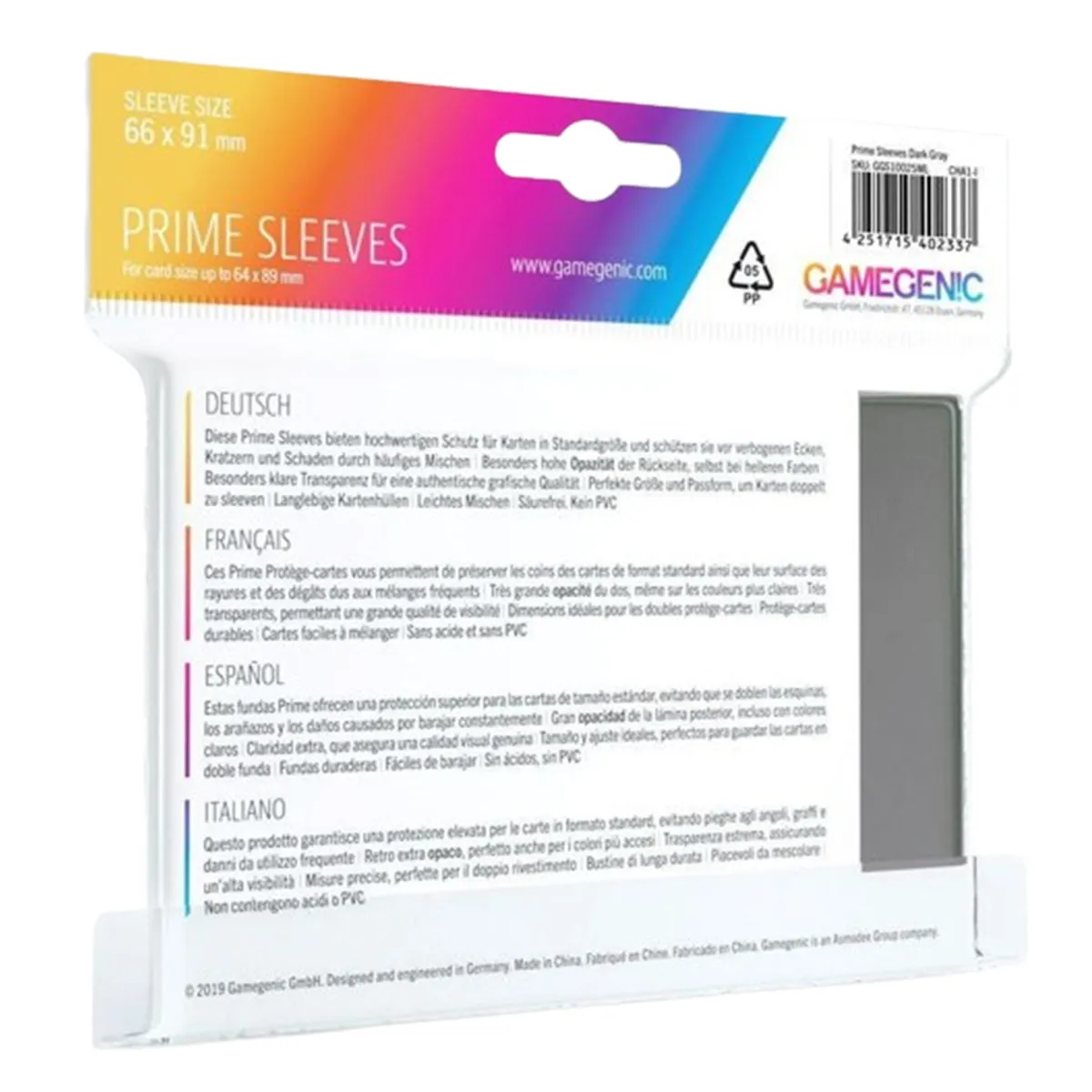 Gamegenic Prime Card Sleeves Dark Gray (66mm x 91mm) (100 Sleeves Per Pack)