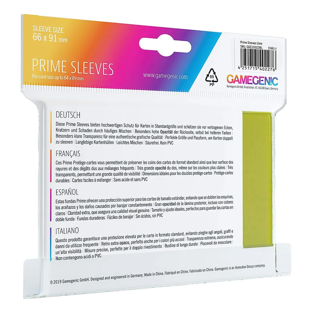 Gamegenic Prime Card Sleeves Lime (66mm x 91mm) (100 Sleeves Per Pack)