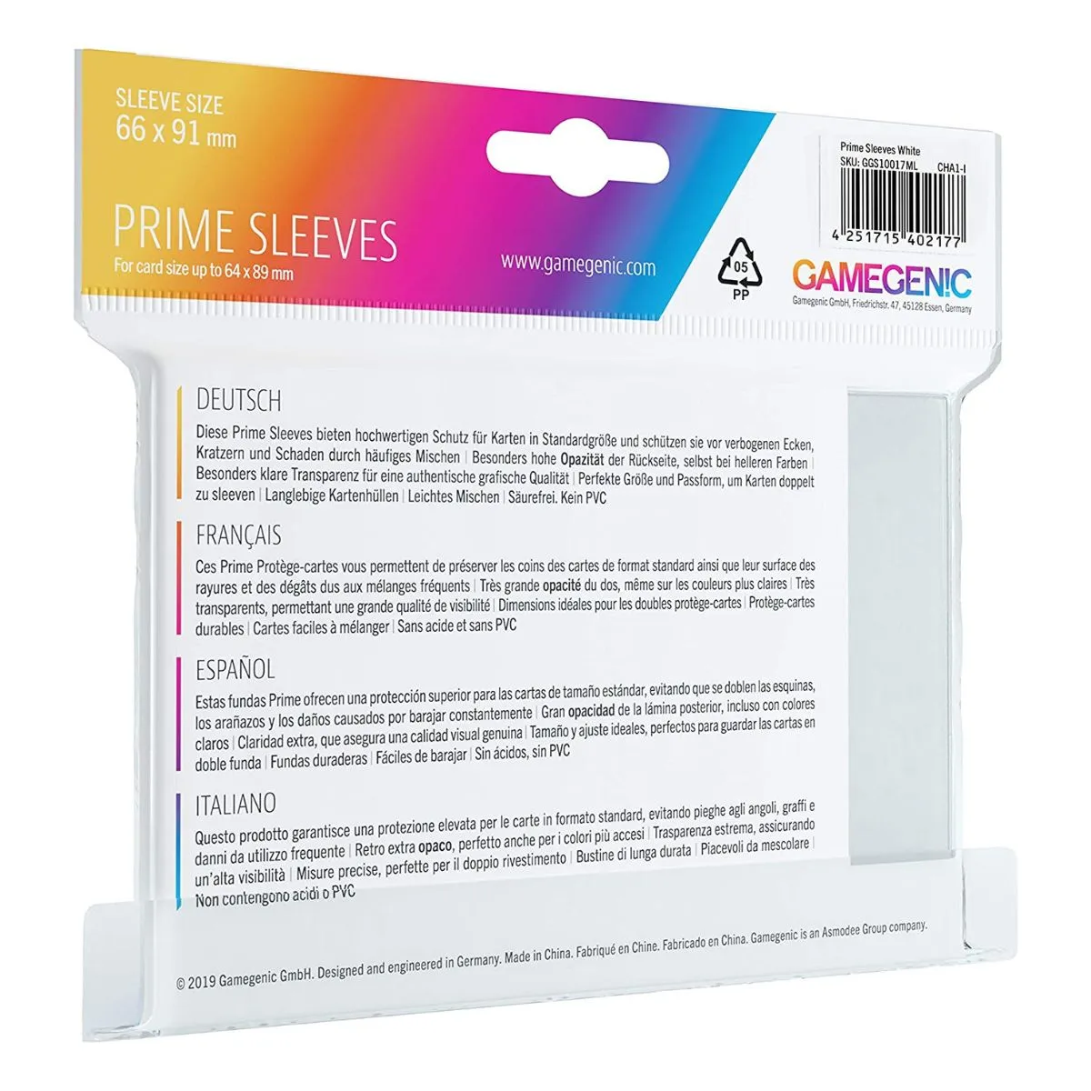 Gamegenic Prime Card Sleeves White (66mm x 91mm) (100 Sleeves Per Pack)