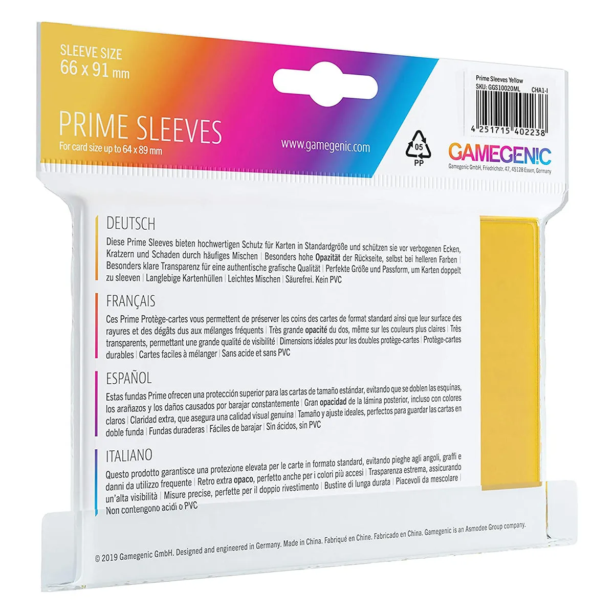 Gamegenic Prime Card Sleeves Yellow (66mm x 91mm) (100 Sleeves Per Pack)