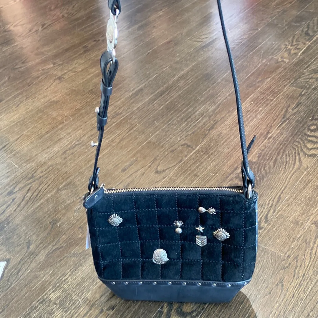 GHURKA Black Leather, Suede Handbag with Silver Charms