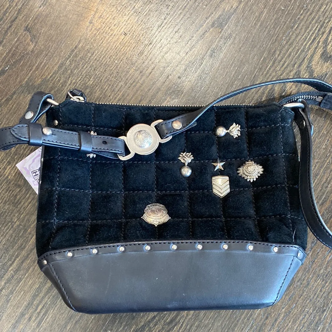 GHURKA Black Leather, Suede Handbag with Silver Charms