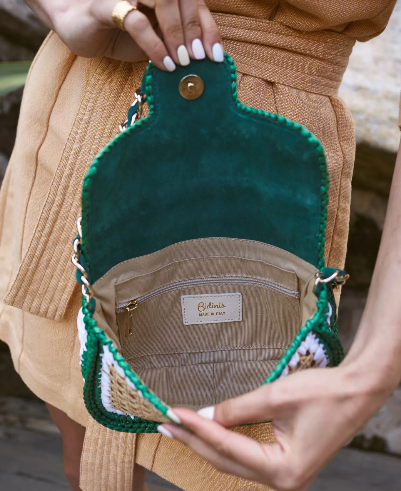 Ginevra Raffia Bag in Green and White