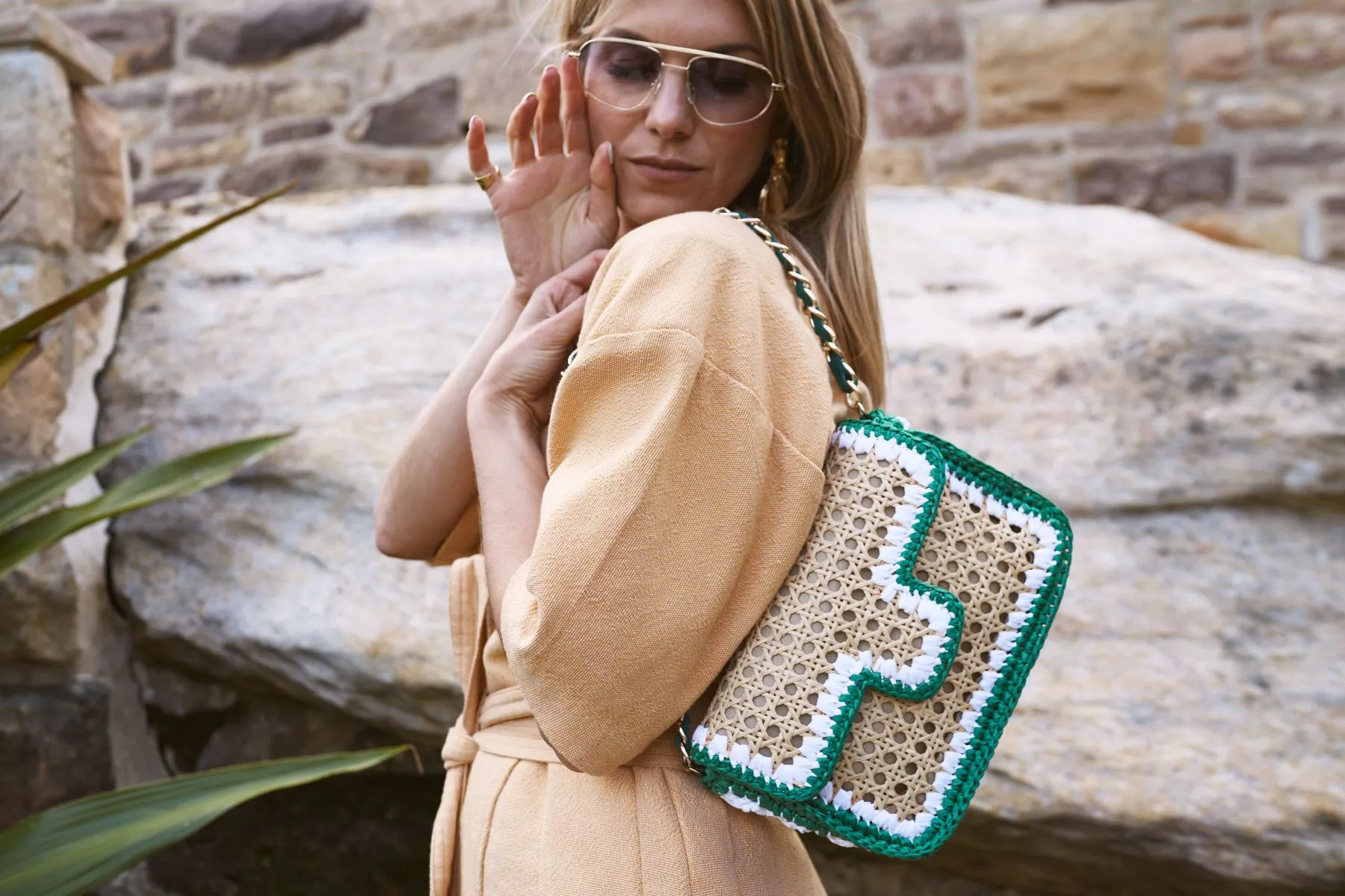 Ginevra Raffia Bag in Green and White