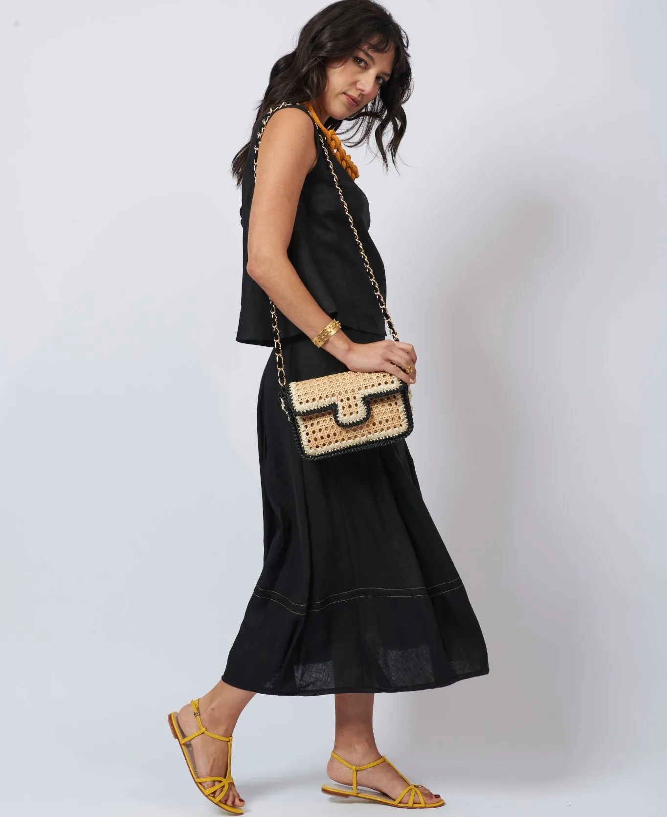 Ginevra Rattan and Raffia Bag Black and off-white